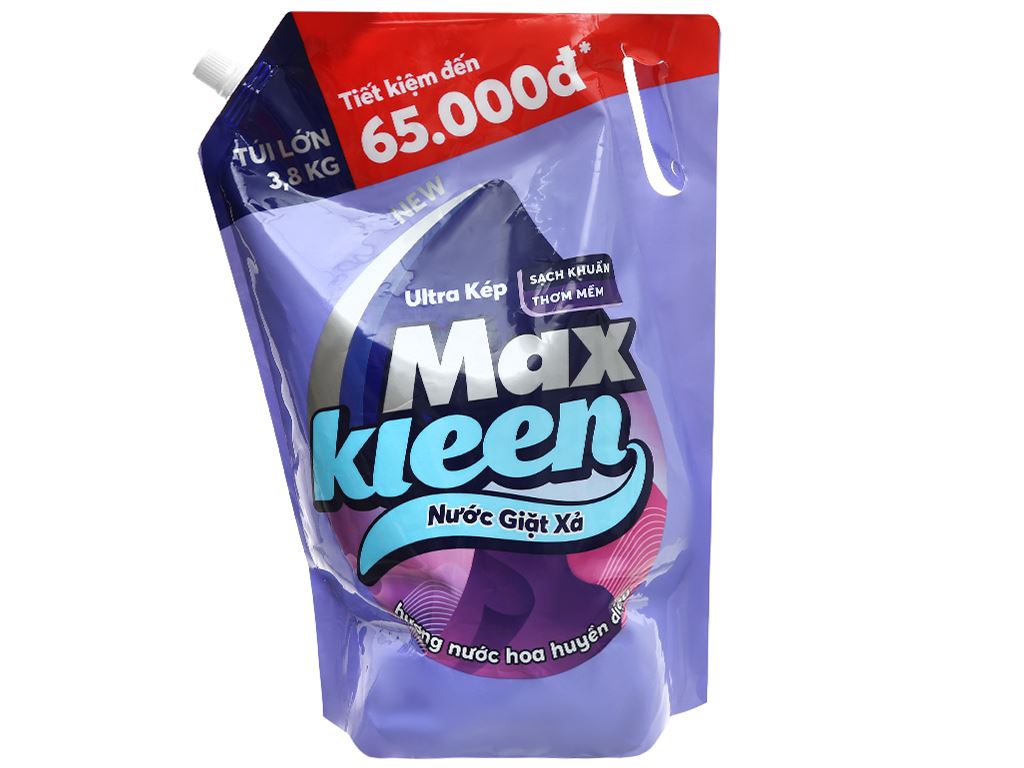 Mẫu thiết kế bao bì Nước giặt xả MaxKleen hương nước hoa huyền diệu túi 3.8kg